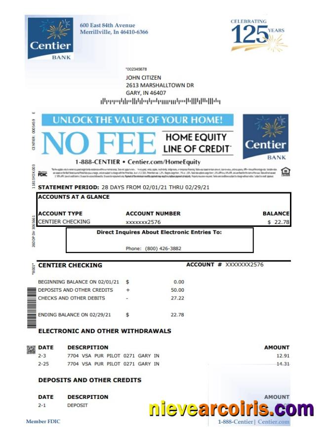 USA Indiana Centier bank statement in Excel and PDF format